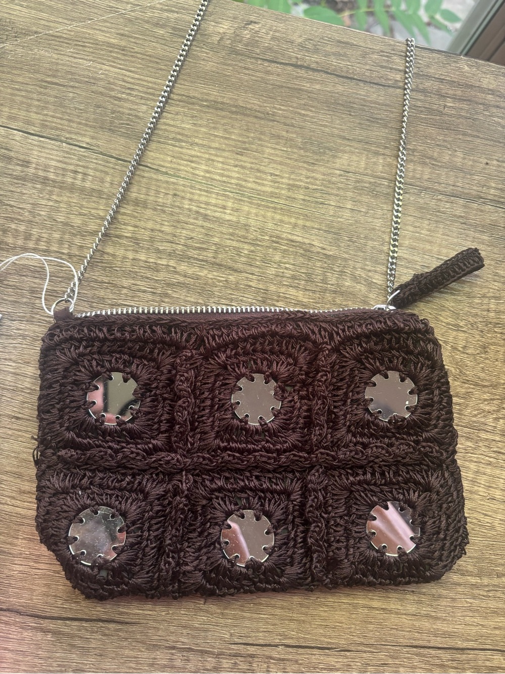 Stradivarus Brown Crocheted Crossbody Bag with Mirror Accents- NWT